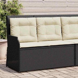 Verstellbare, schwarze Gartenbank aus Rattan mit cremefarbenen Kissen von vidaXL.
