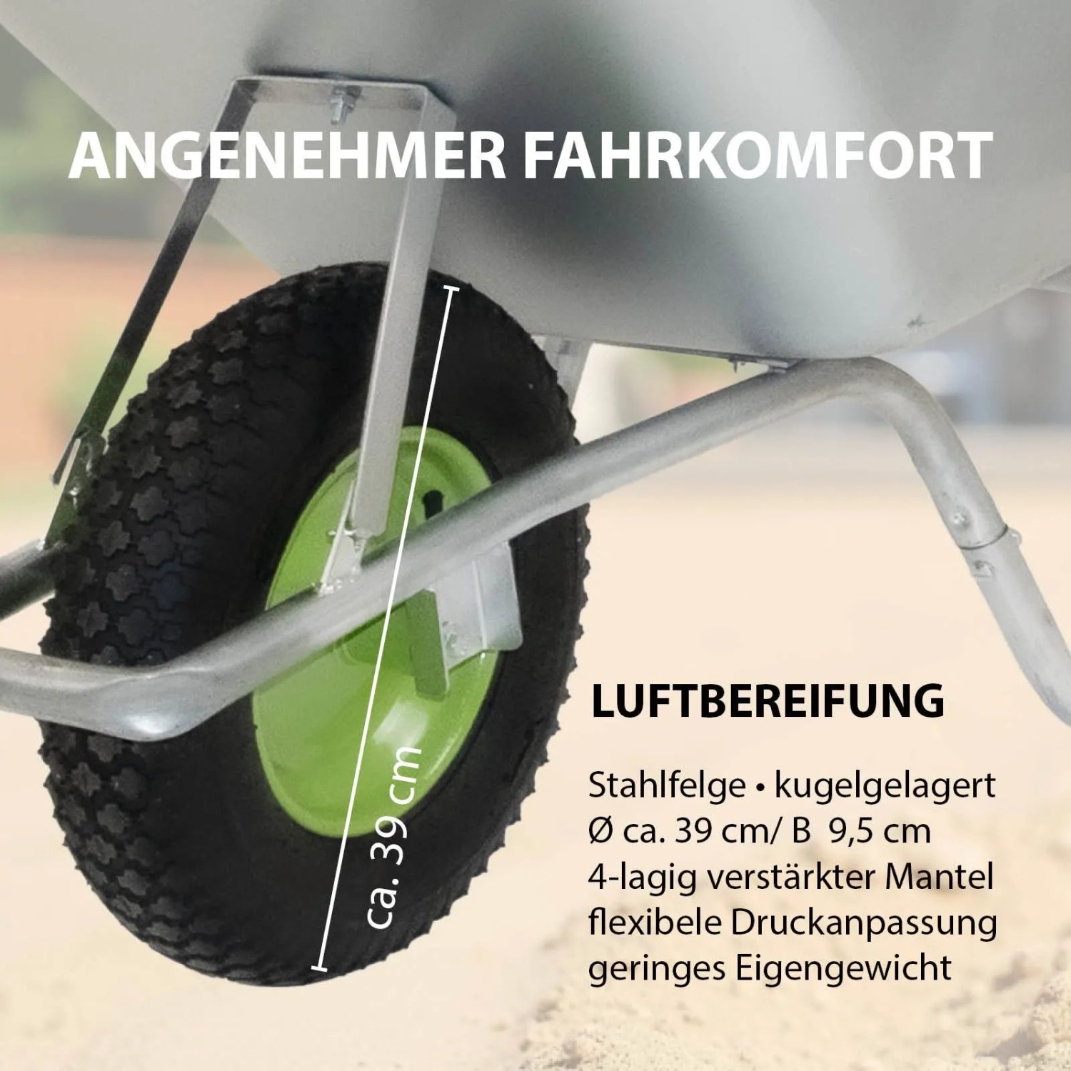 Detailaufnahme: Luftrad mit Stahlfelge der TRUTZHOLM Schubkarre, ca. 39cm Durchmesser.