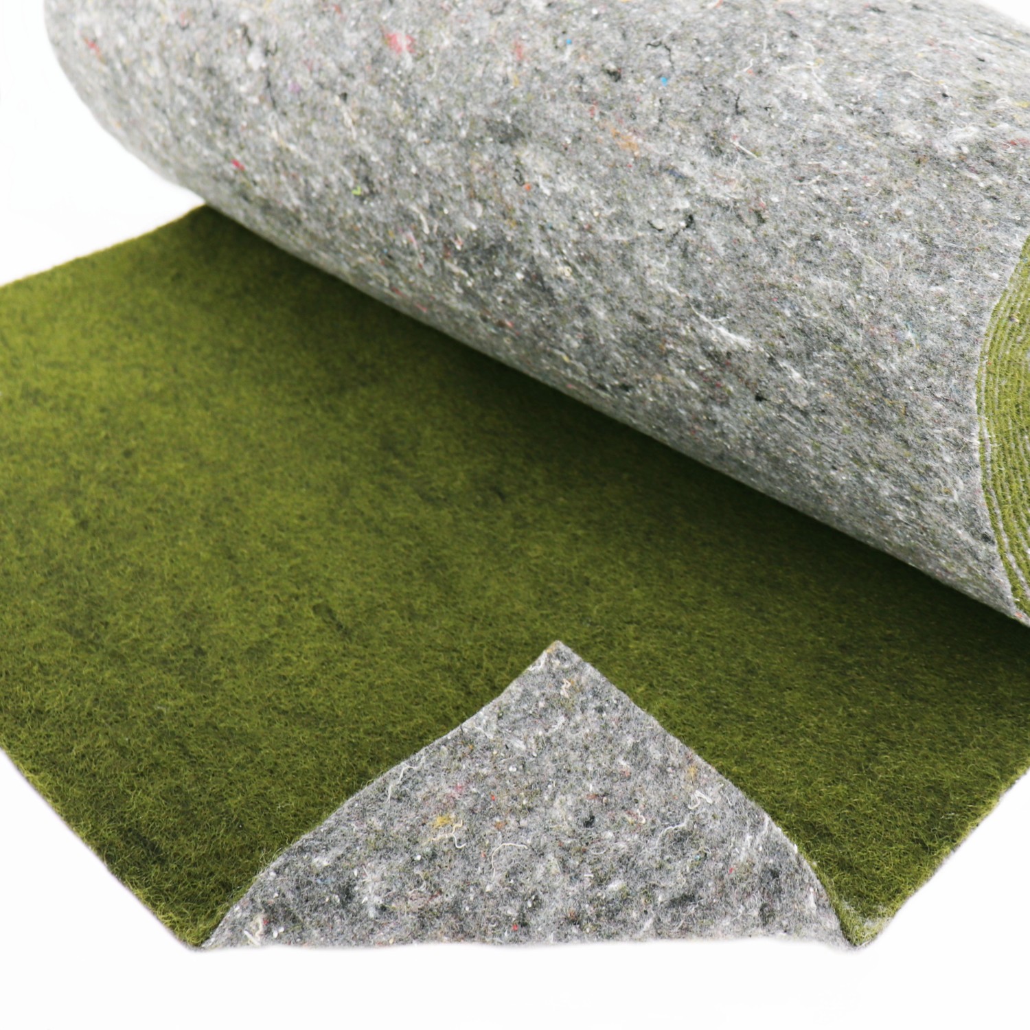 Grüne Aquagart Ufermatte (12m x 0,5m) für Teichfolie, aufgerollt und Detailansicht der Materialstruktur.