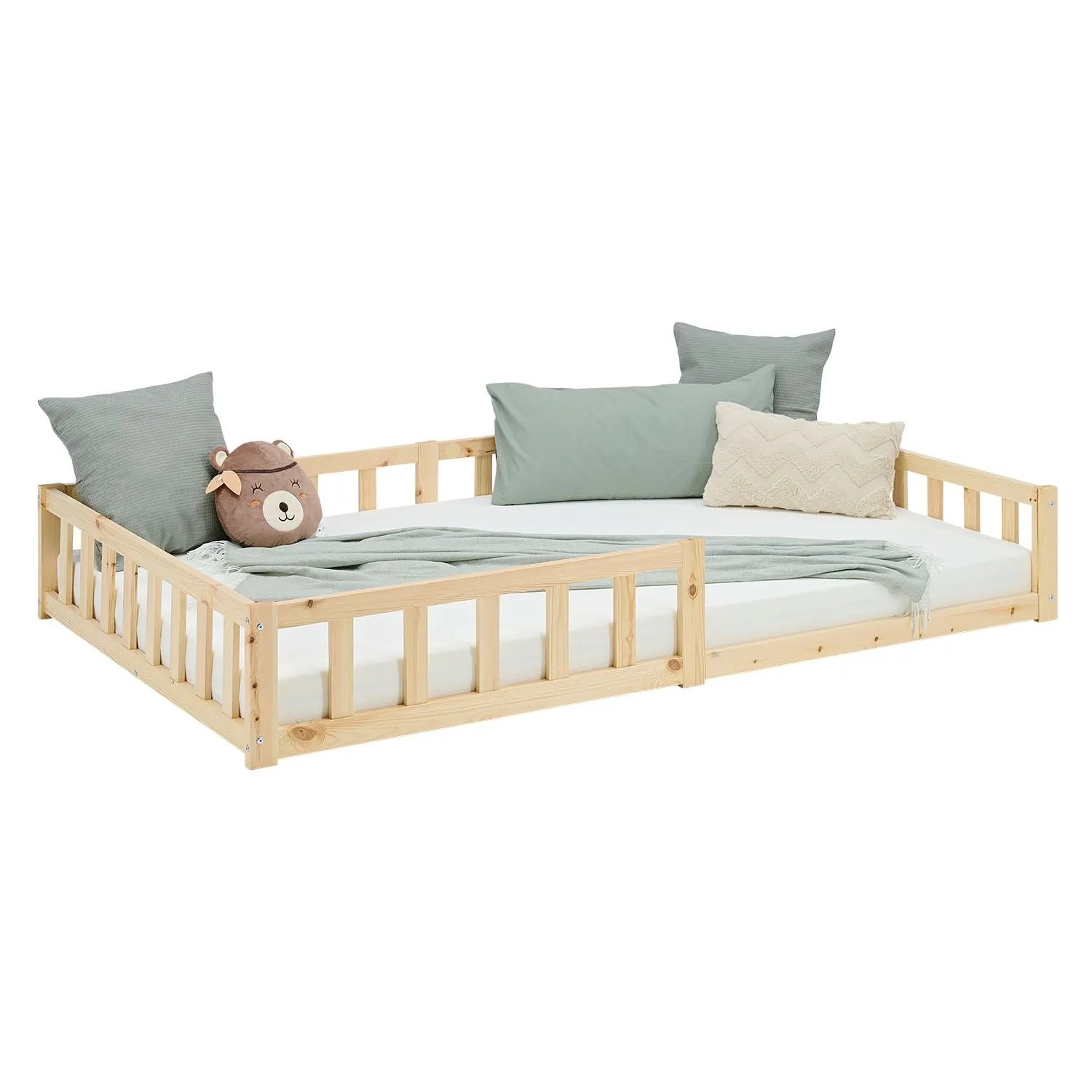 Homestyle4u Kinderbett Natur mit Rausfallschutz 120x200 cm Bodenbett Lattenrost 2839