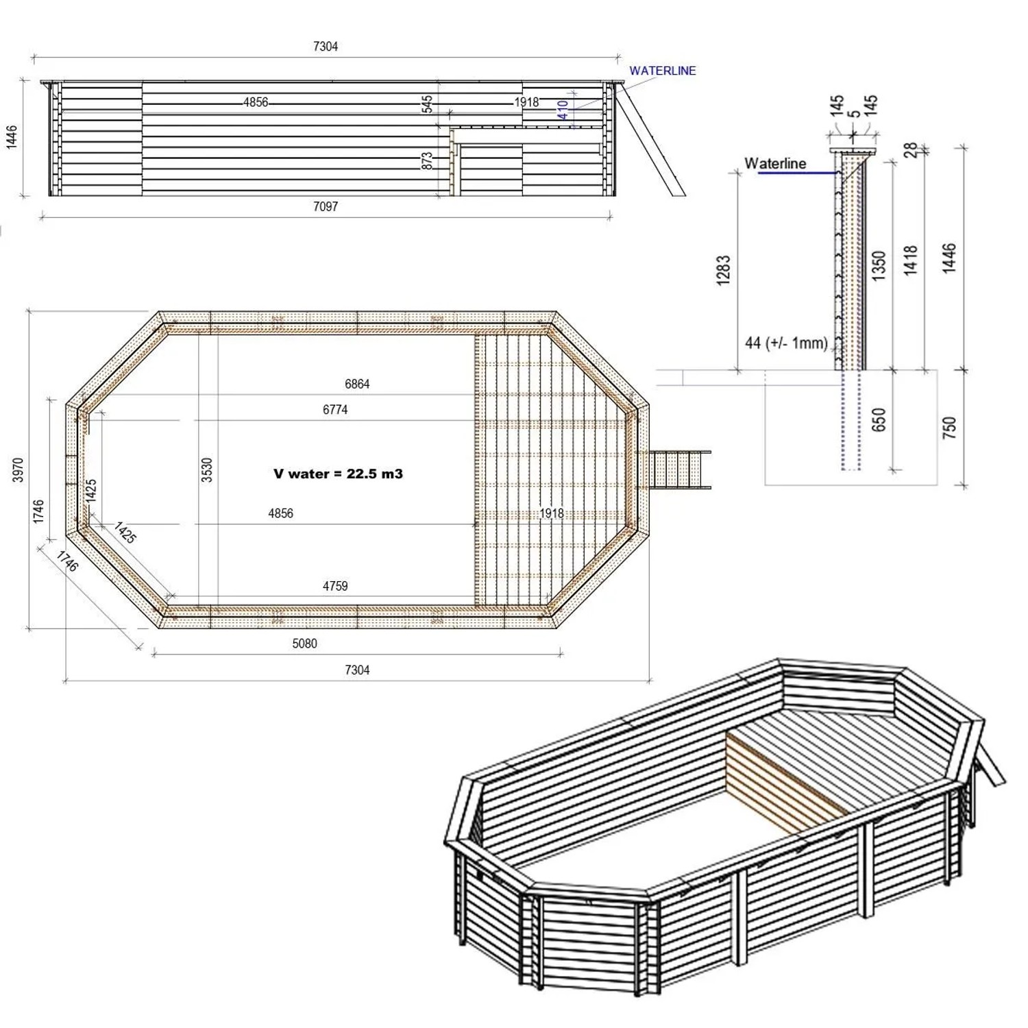 Technische Zeichnung Holzpool ALTANKA Nemo, 7,3x3,97 m, sandfarben, mit Liegefläche und Maßen.