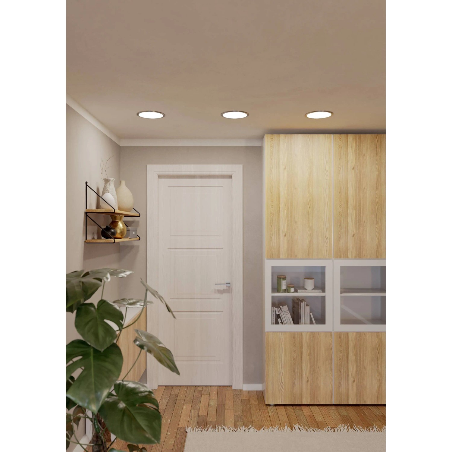 Eingebaute, runde Eglo LED-Einbauspots Fueva-Z, nickelfarben matt, in Decke integriert.