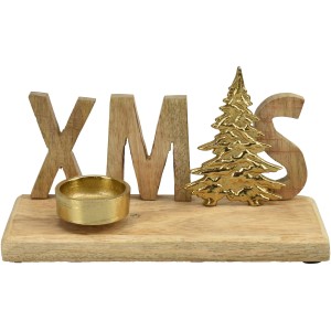 Deko-Schriftzug XMAS mit Teelichthalter aus Mangoholz, Natur-Gold, 20 cm, für weihnachtliche Stimmung.