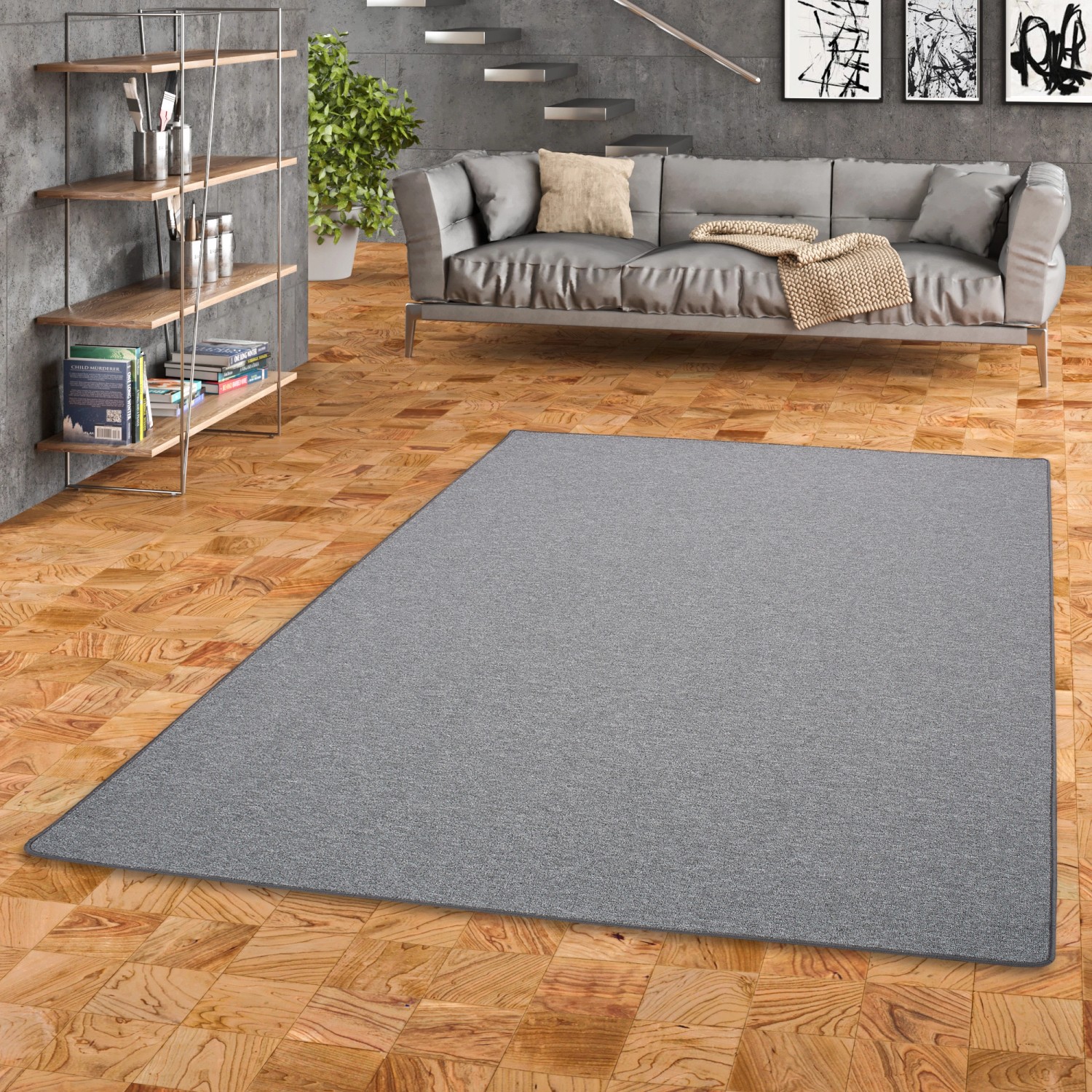 Anthrazitfarbener Snapstyle Feinschlingen Velour Teppich Strong, 80x160cm, im Wohnraum.