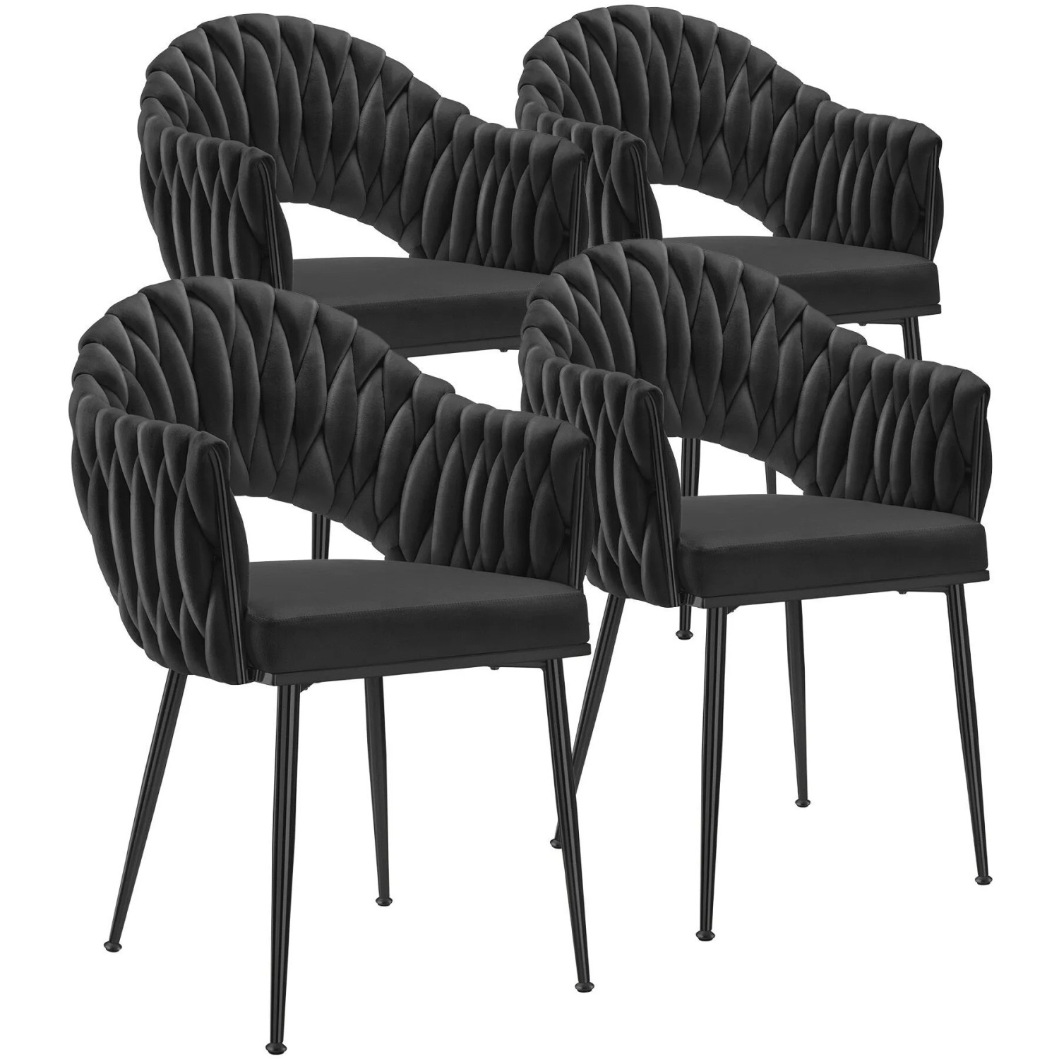 Tectake Esszimmerstuhl Caslano Gepolstert  Mit Samtbezug Durchgehende Lehne Im Flechtdesign 4Er Set 57 x 55 x 84 cm Schwarz Schwarz