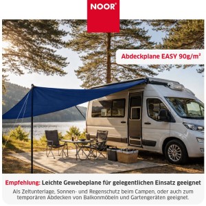 Blaue NOOR Abdeckplane als Sonnenschutz am Campervan. Wasserdichte Gewebeplane mit Ösen für Camping & Garten.
