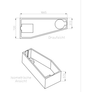 Technische Zeichnung Ottofond Wannenträger Koala Vario Typ B, Draufsicht und isometrische Ansicht.