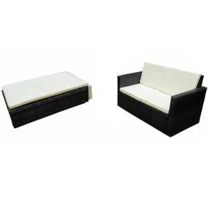 vidaXL Garten-Lounge-Set, 2-teilig, mit Sofa, Hocker und Auflagen aus schwarzem Poly Rattan.