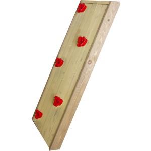 Kletterwand aus Holz mit roten Klettergriffen für Spielhaus Zubehör.