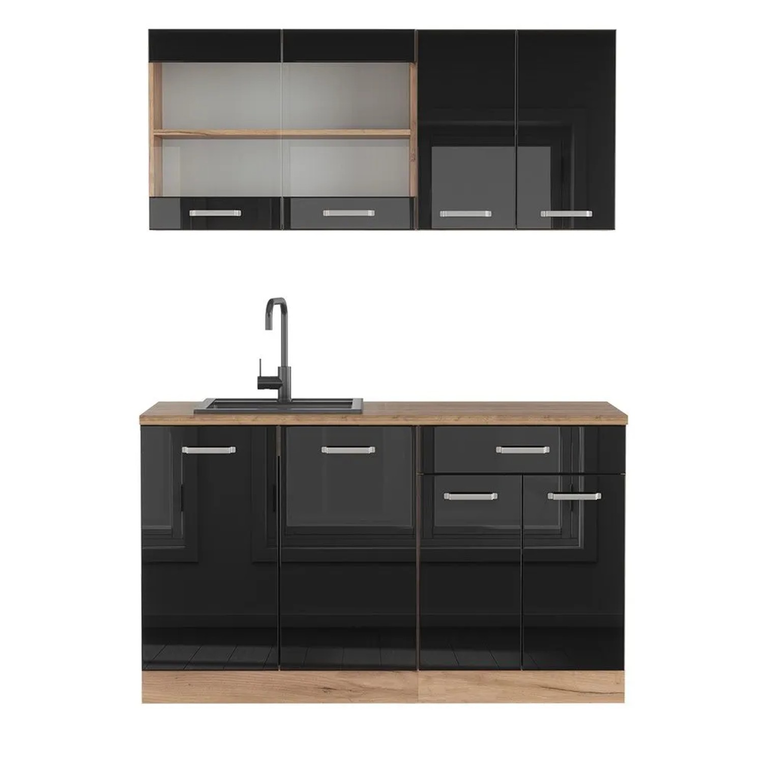 Vicco R-Line Singleküche Schwarz Hochglanz Goldkraft Eiche 140 cm AP Eiche ohne E-Geräte