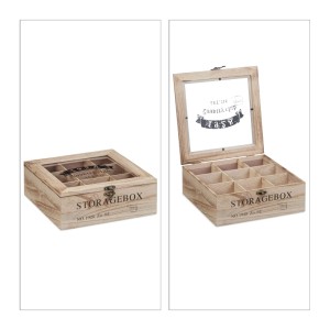 Relaxdays Teebox aus Holz mit 9 Fächern und Sichtfenster, Natur
