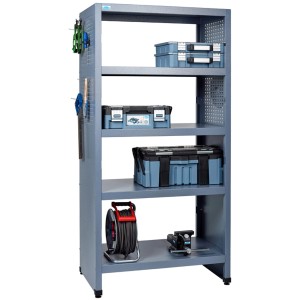 Küpper Werkstattregal mit 5 Böden, grau, mit Werkzeugkisten und Zubehör bestückt.