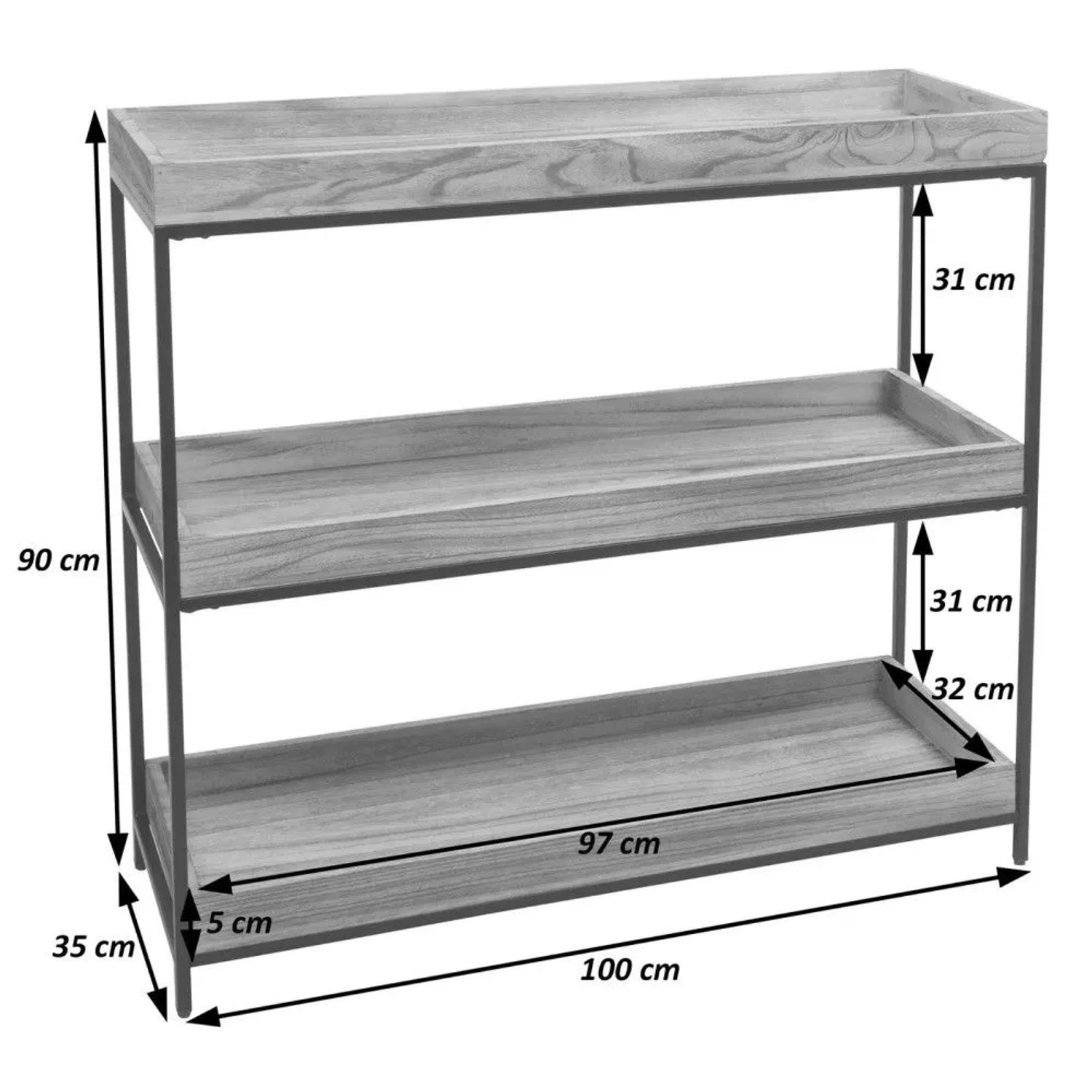 MCW Regal K71 dunkelbraun mit 3 Holzablagen und erhöhter Kante, schwarzem Eisen-Gestell, detailreicher Maserung. 90x100x35 cm.