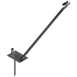 Mobilzaun Stützstrebe, feuerverzinkt, mit Rohrstutzen, Schelle und Erdnagel zur Stabilisierung von Bauzäunen.