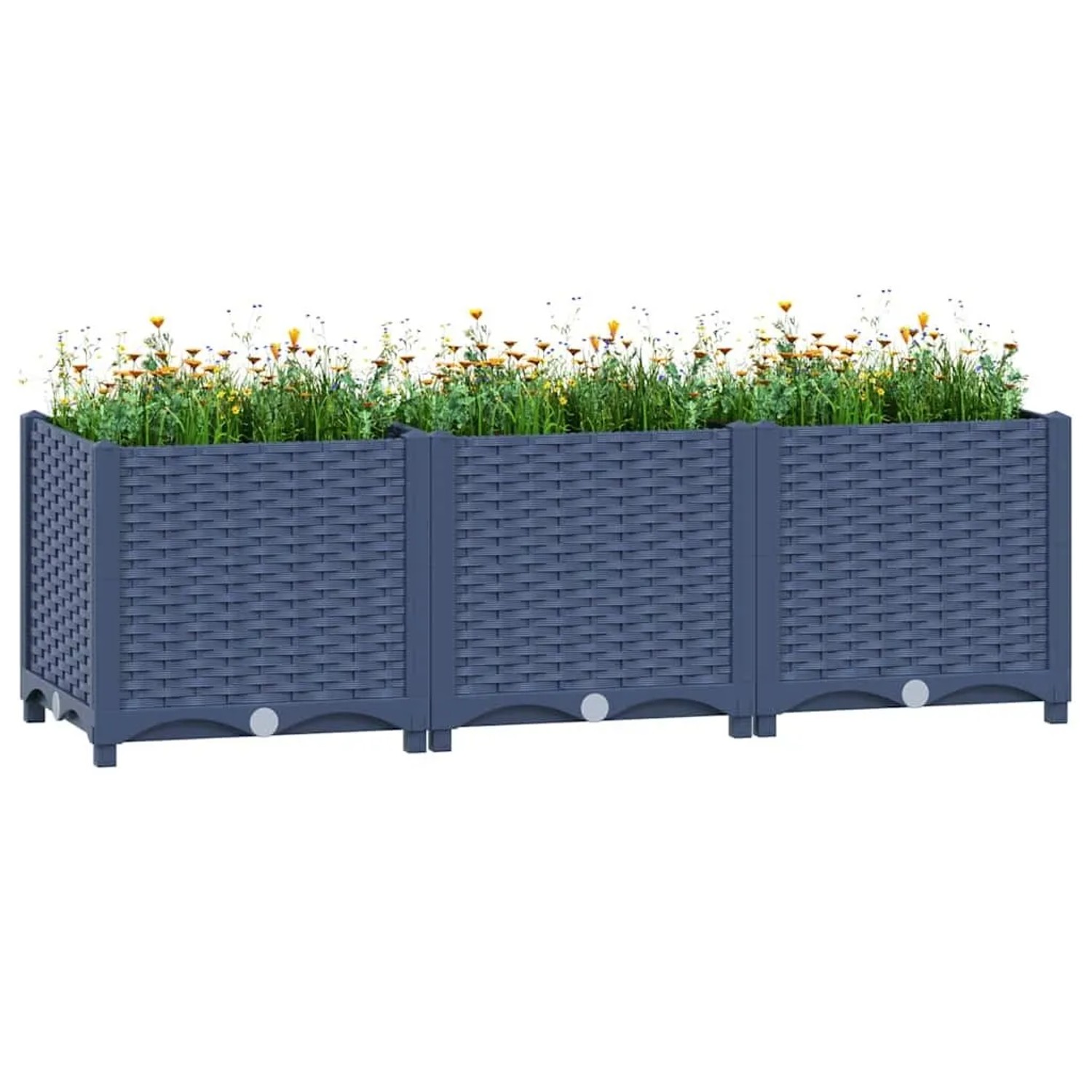 Blaugraues vidaXL Hochbeet aus Polypropylen in Rattan-Optik, bepflanzt mit Blumen. Ideal für Garten & Balkon.