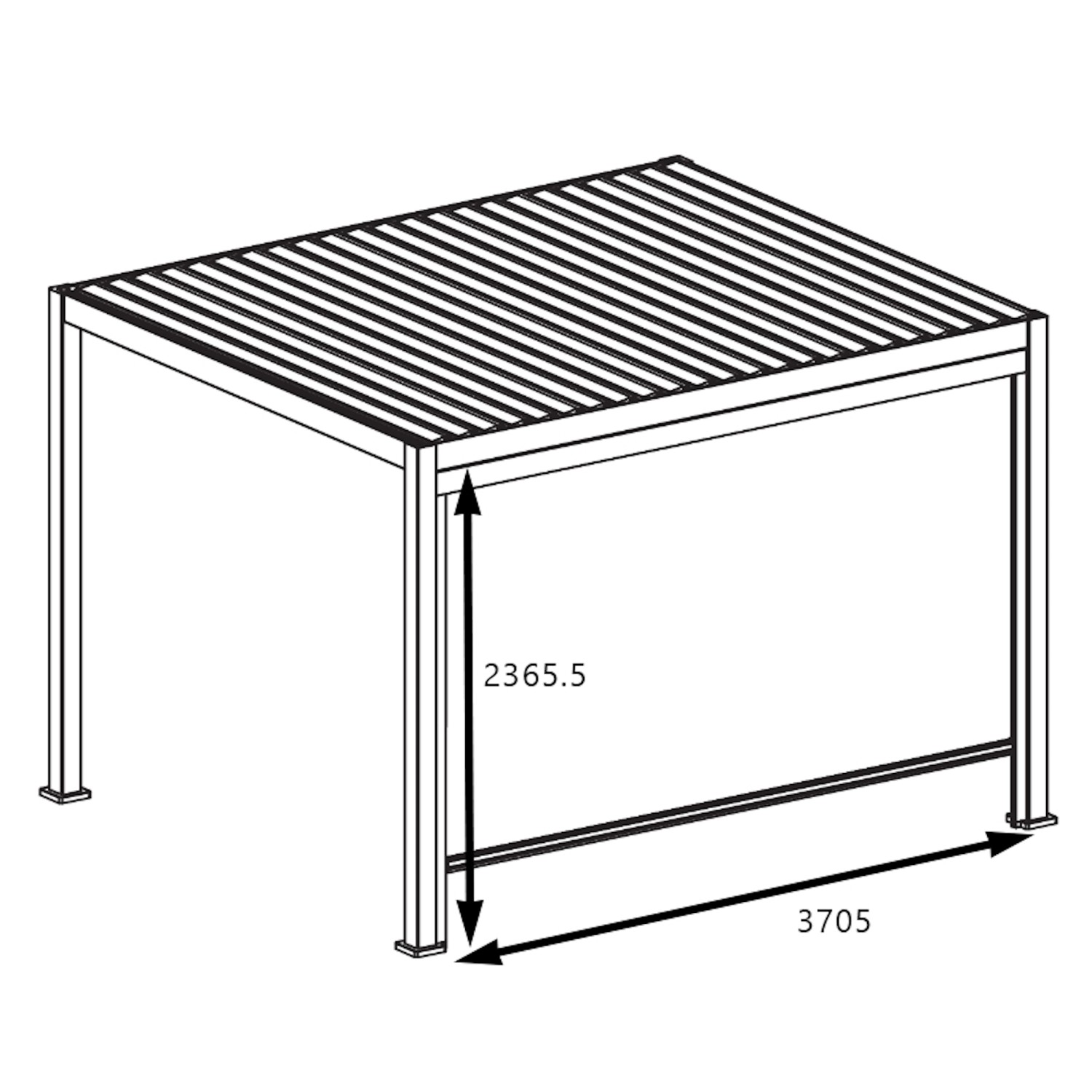 Technische Zeichnung: Leco Rollo 4 m für Lamellenpergola Deluxe, anthrazit, Maße 3705x2365.5 mm.