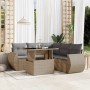 Beige 6-tlg. vidaXL Garten-Sofagarnitur aus Rattan mit hellgrauen Kissen und Tisch.