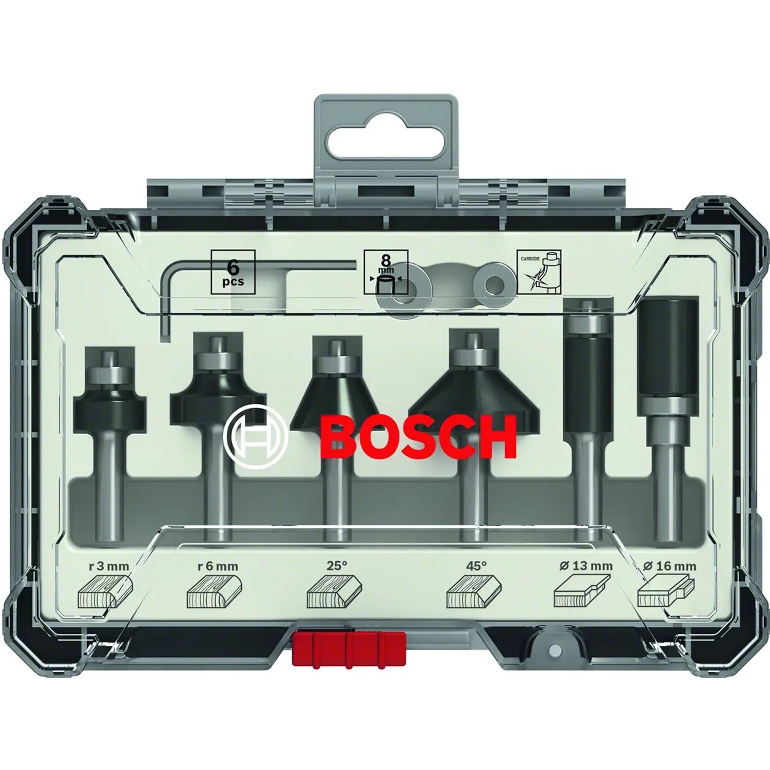 Bosch Rand- und Kantenfräser Set, 6-teilig, 8 mm Schaft in Aufbewahrungsbox mit Klarsichtdeckel.