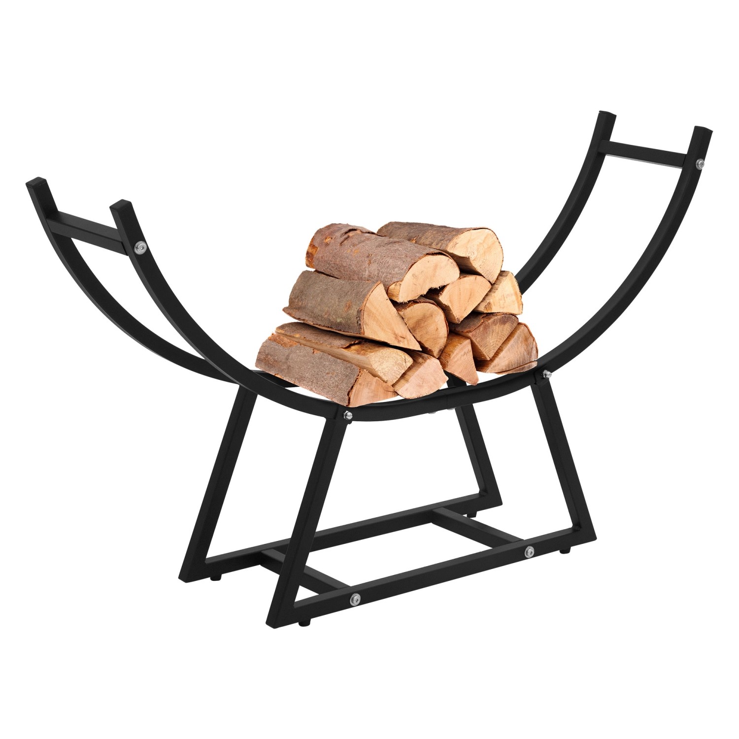 Schwarzes, U-förmiges ML-Design Kaminholzregal aus Metall für drinnen und draußen, gefüllt mit Holz.