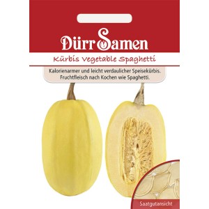Dürr Samen Spaghetti-Kürbis: Saatguttütchen mit gelbem Kürbis und Schnittbild. Gemüse-Saatgut für den Garten.