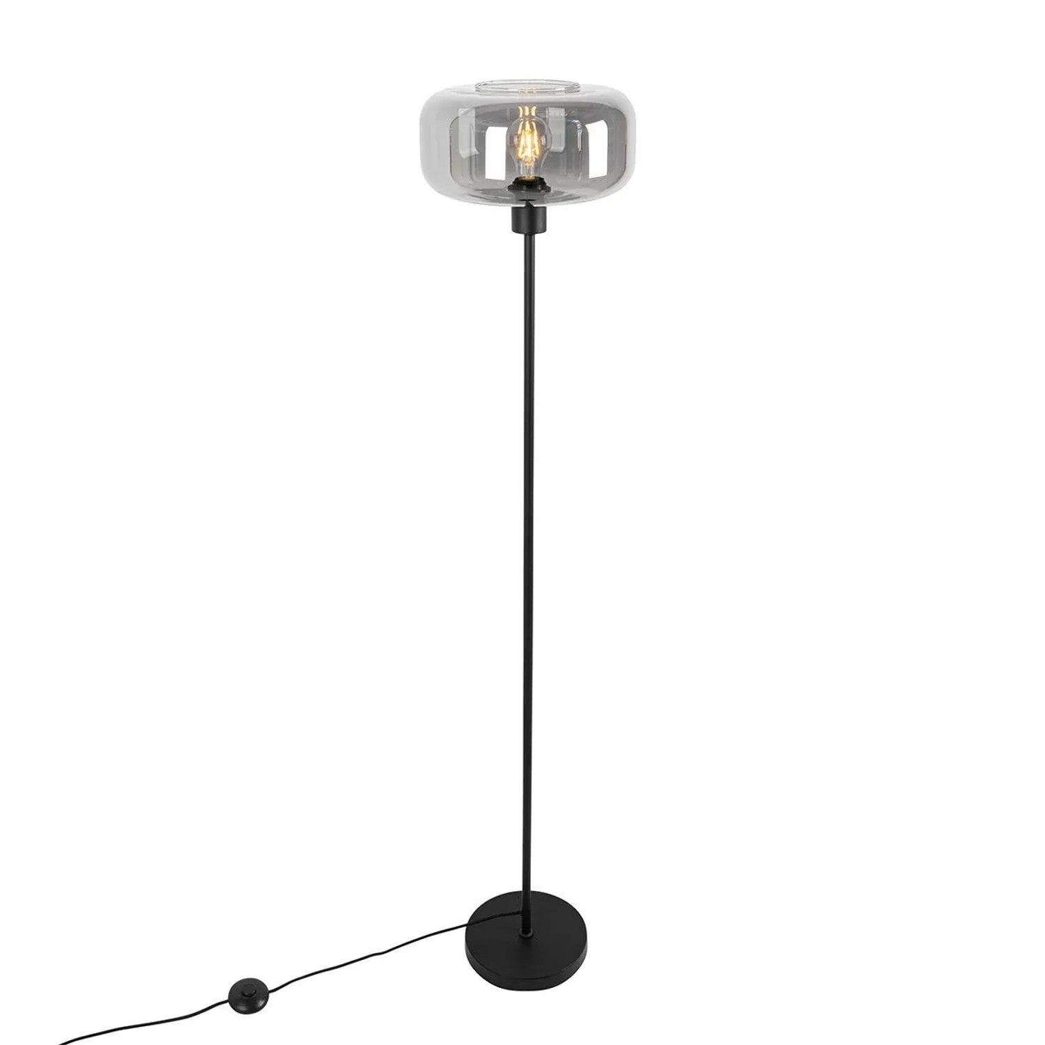Schwarze Art Deco Stehlampe mit Rauchglas, Modell Bizle von QAZQA. Elegante Innenleuchte für Wohnräume.