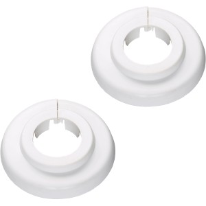 Zwei weiße Scharnierrosetten (22 mm) aus Kunststoff für Heizungsrohre.