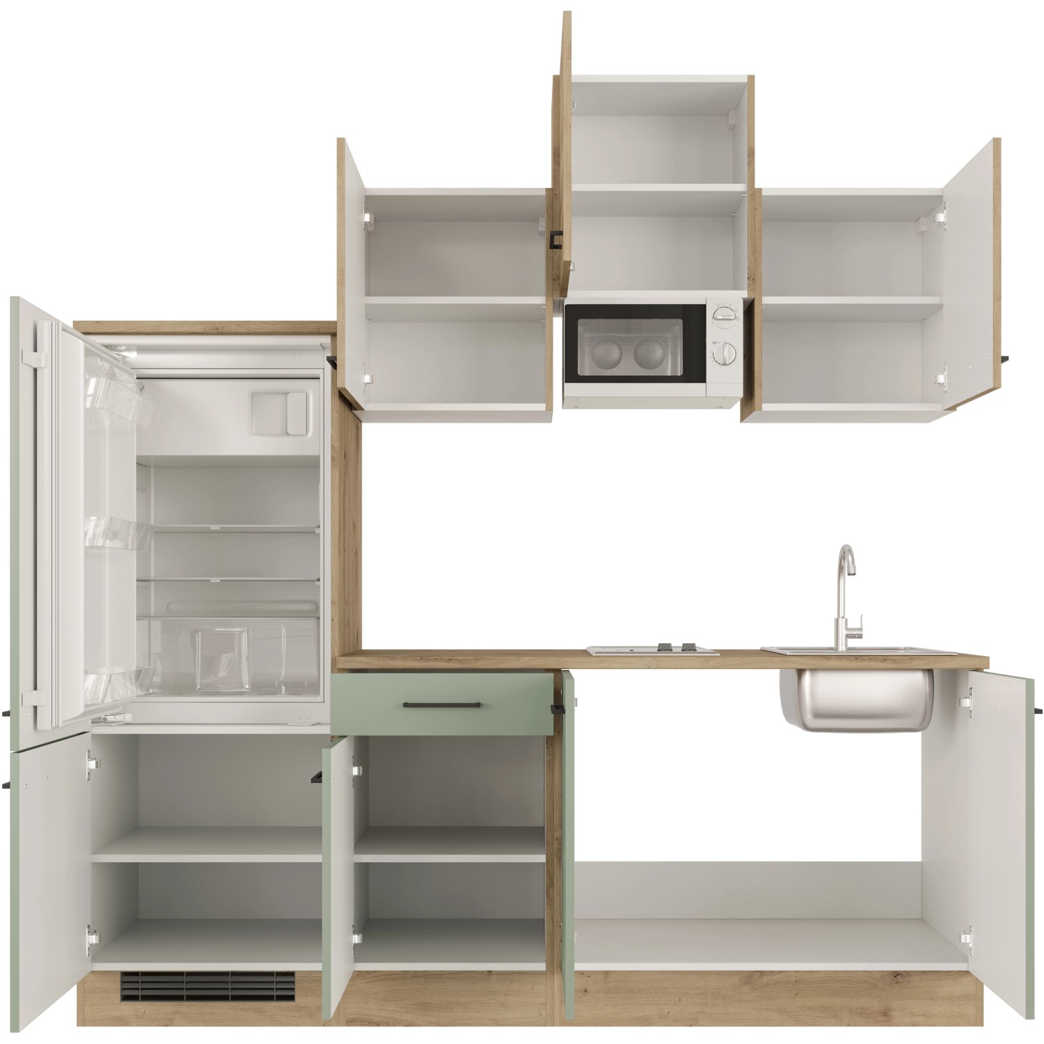 Flex-Well Küche Cara in Schilfgrün/Artisan Eiche mit E-Geräten wie Kühlschrank und Mikrowelle.