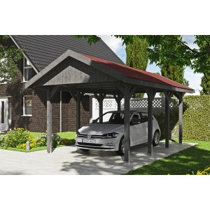 Satteldach-Carport Wallgau in Schiefergrau mit roten Dachschindeln und Auto.