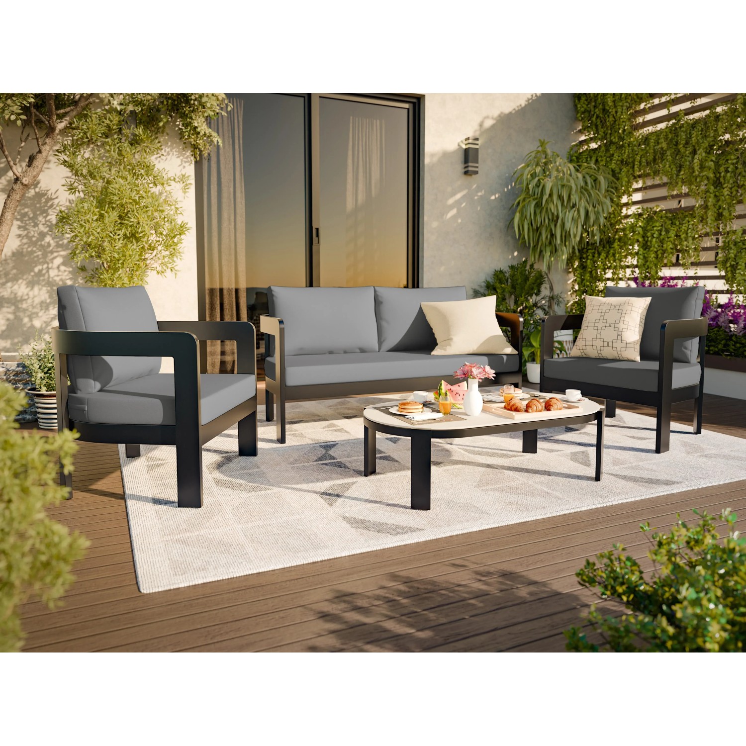 4-teilige Lounge-Gruppe Sorreno in Anthrazit/Weiß für Garten, Terrasse oder Balkon.