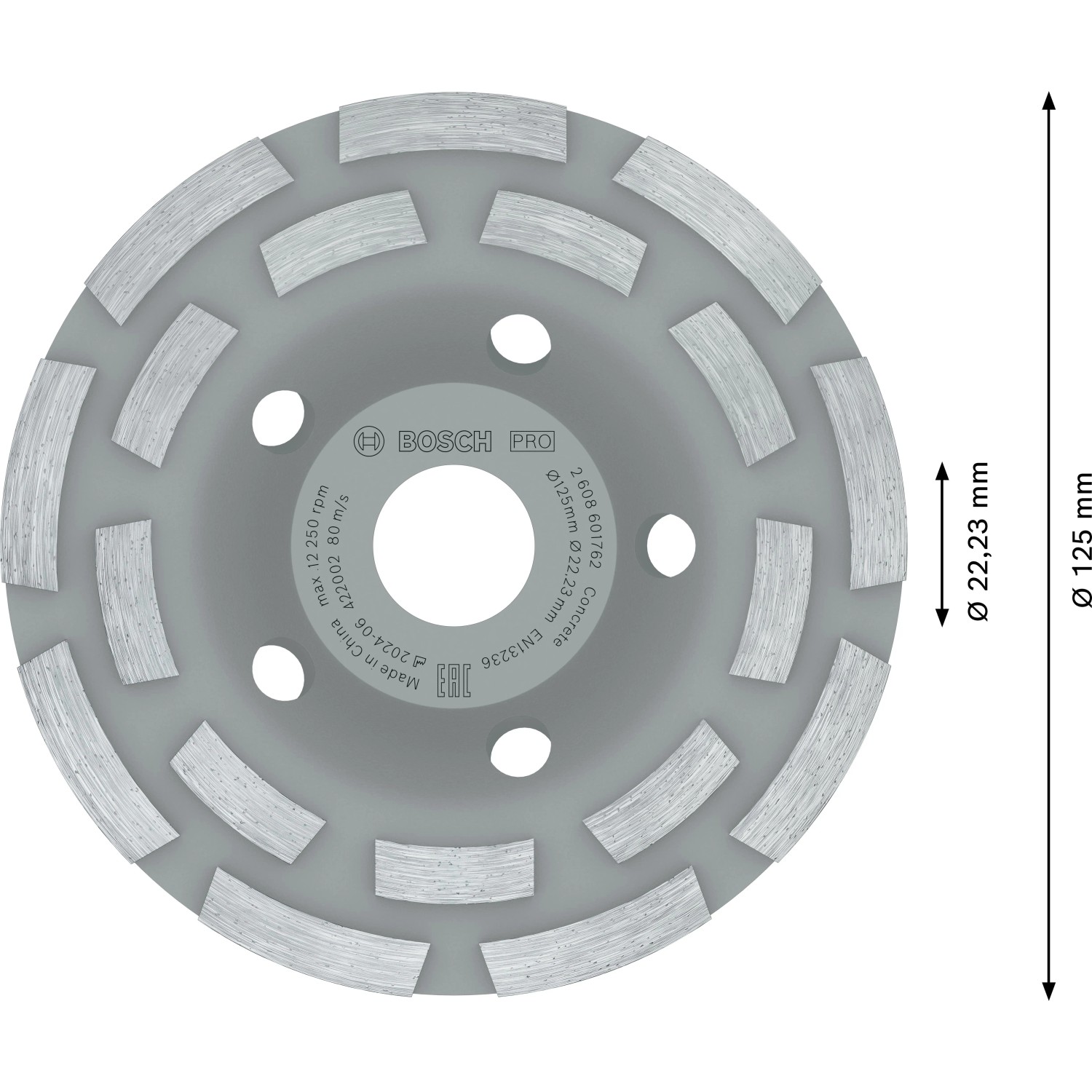 Graue Bosch Diamanttopfscheibe für Beton, 125 mm Durchmesser, 22,23 mm Bohrung. Zubehör für Winkelschleifer.
