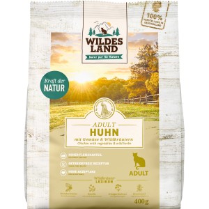 Wildes Land Katzen-Trockenfutter Huhn, 400g Packung. Getreidefreie Rezeptur mit hohem Fleischanteil.
