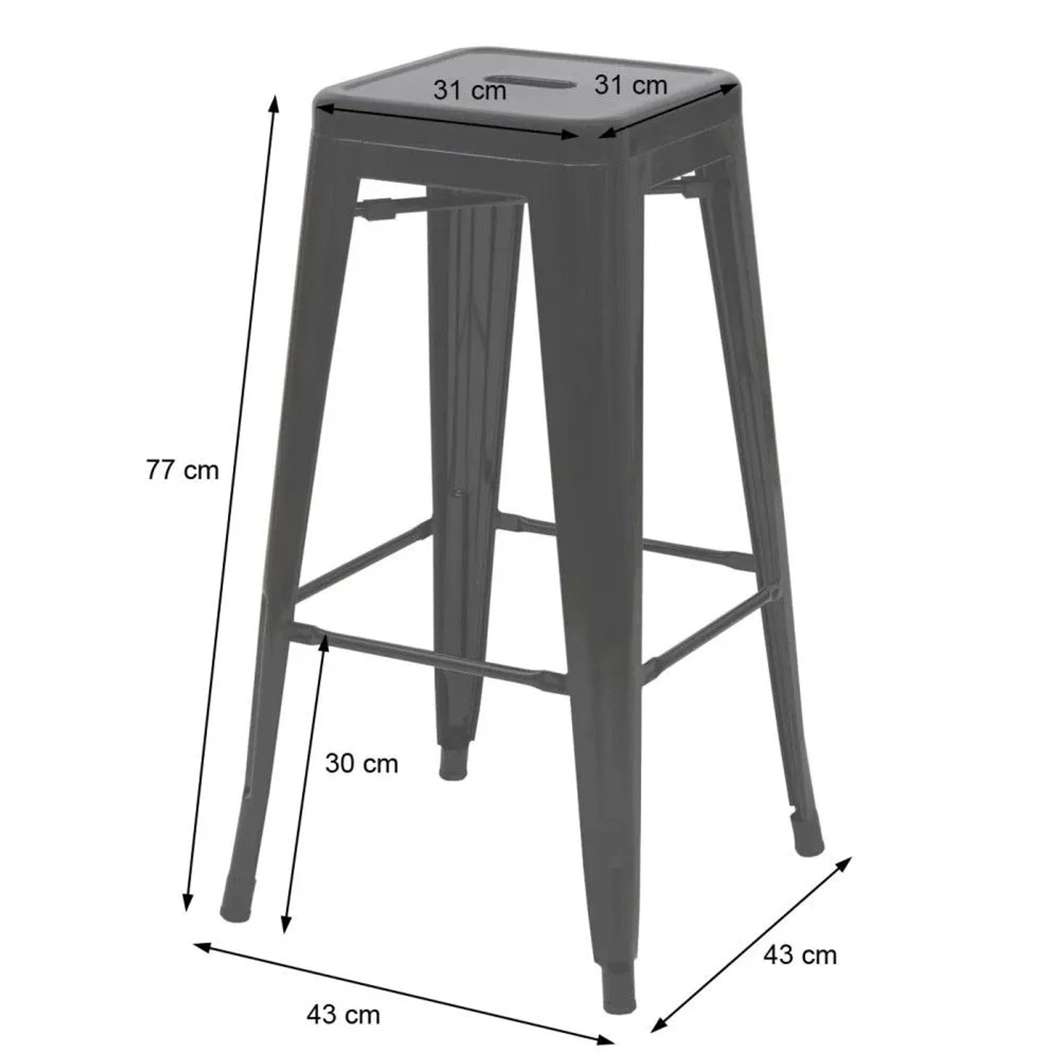 Dunkelgrauer MCW Barhocker A73 aus Metall mit Fußstütze, 77 cm hoch. Stapelbarer Hocker mit Maßen.