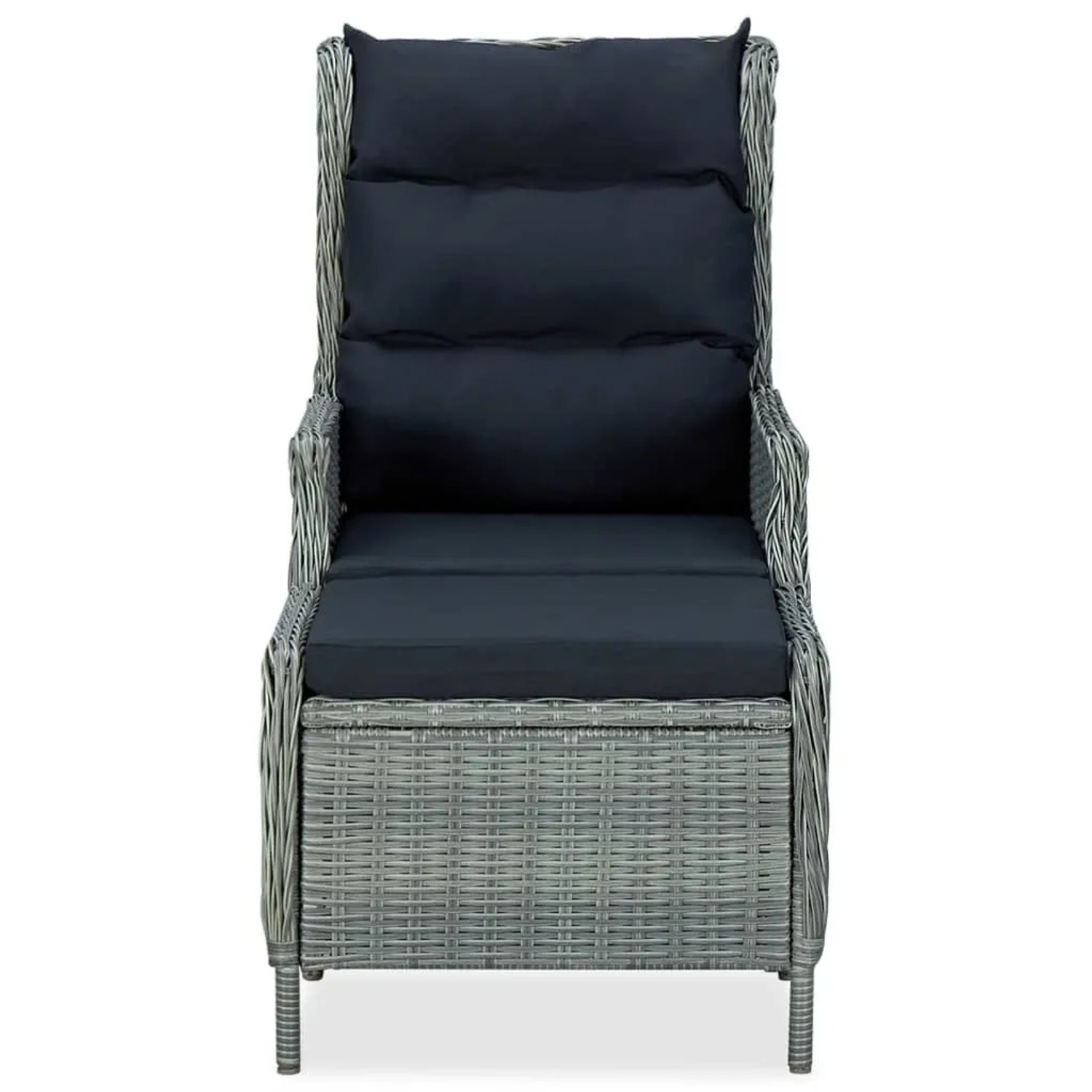 Verstellbarer, hellgrauer Rattan Gartensessel mit Fußhocker und schwarzen Polstern von vidaXL.