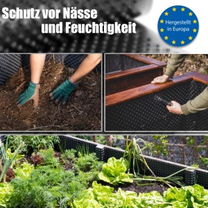 Robuste schwarze Noppenfolie als Nässeschutz für Hochbeete. Installation in Holzhochbeet, bepflanzt mit Salat und Kräutern.