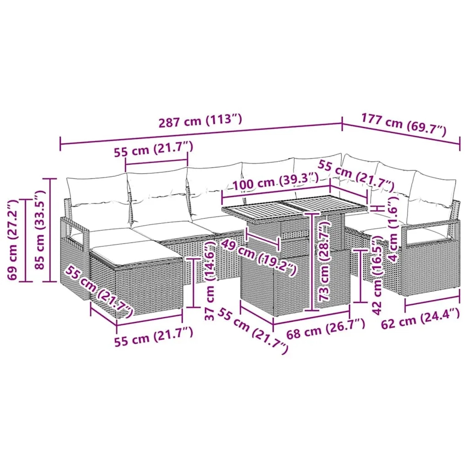 vidaXL 9-teiliges Garten-Sofa Set aus Poly Rattan in Schwarz mit Maßen.