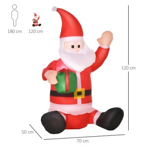 Selbstaufblasbarer Weihnachtsmann, 120 cm, sitzend mit Geschenk. Festliche LED Weihnachtsdekoration.