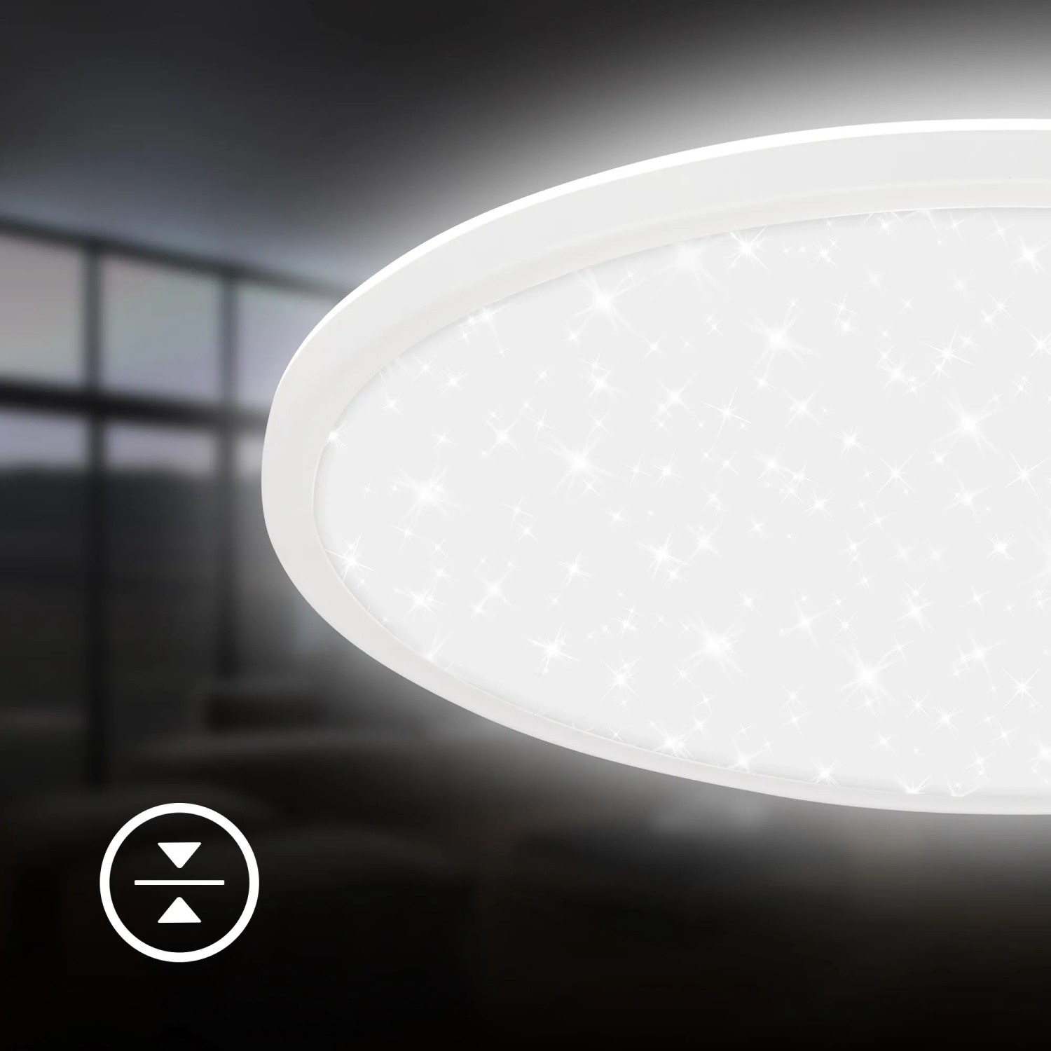 Weißes Brilo LED-Panel Slim Sternenhimmel, neutralweiß, Ø 37,5 cm, mit Sterneneffekt.