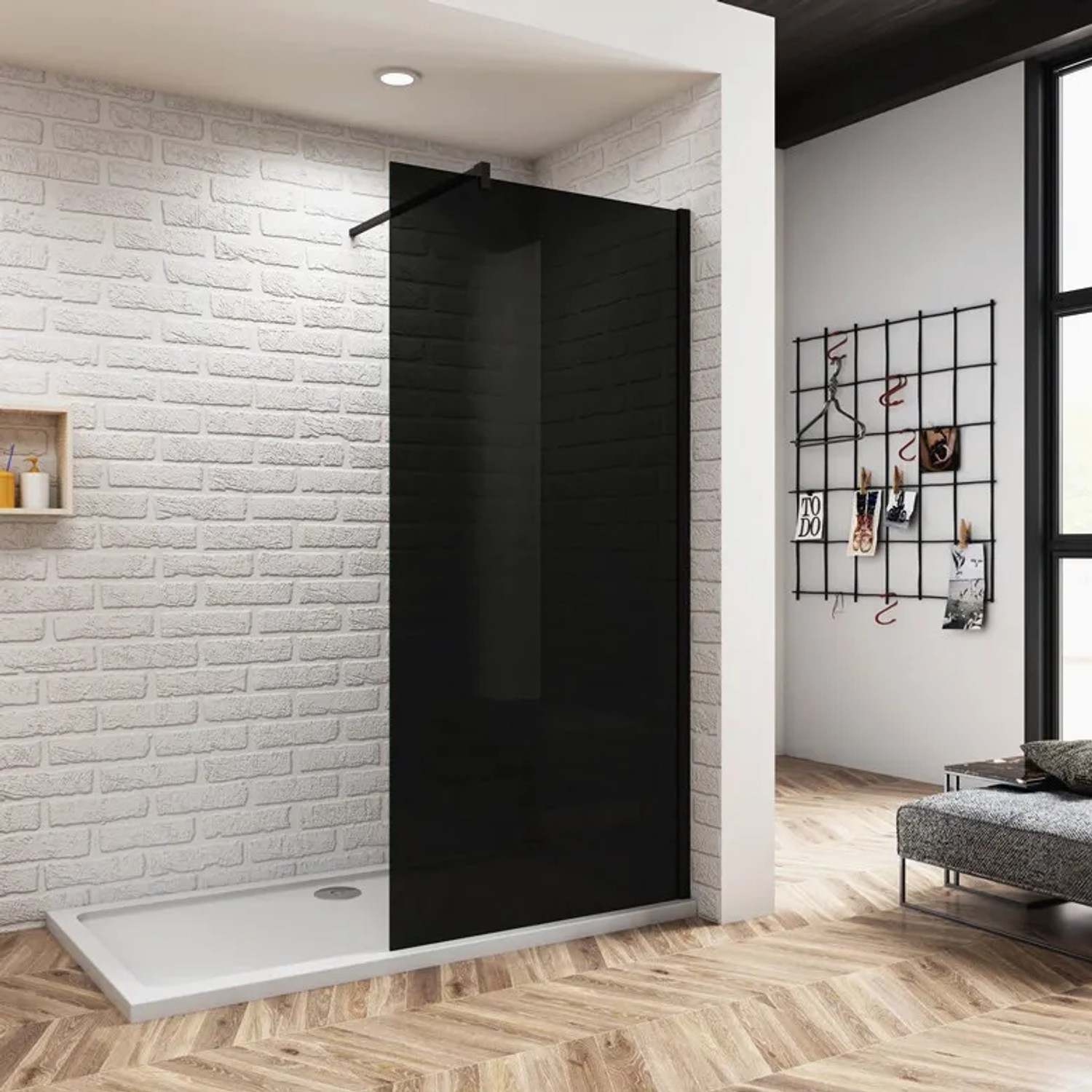 Duschparadies Walk-In Dusche 120x200cm mit Rauchglas und schwarzem Rahmen.