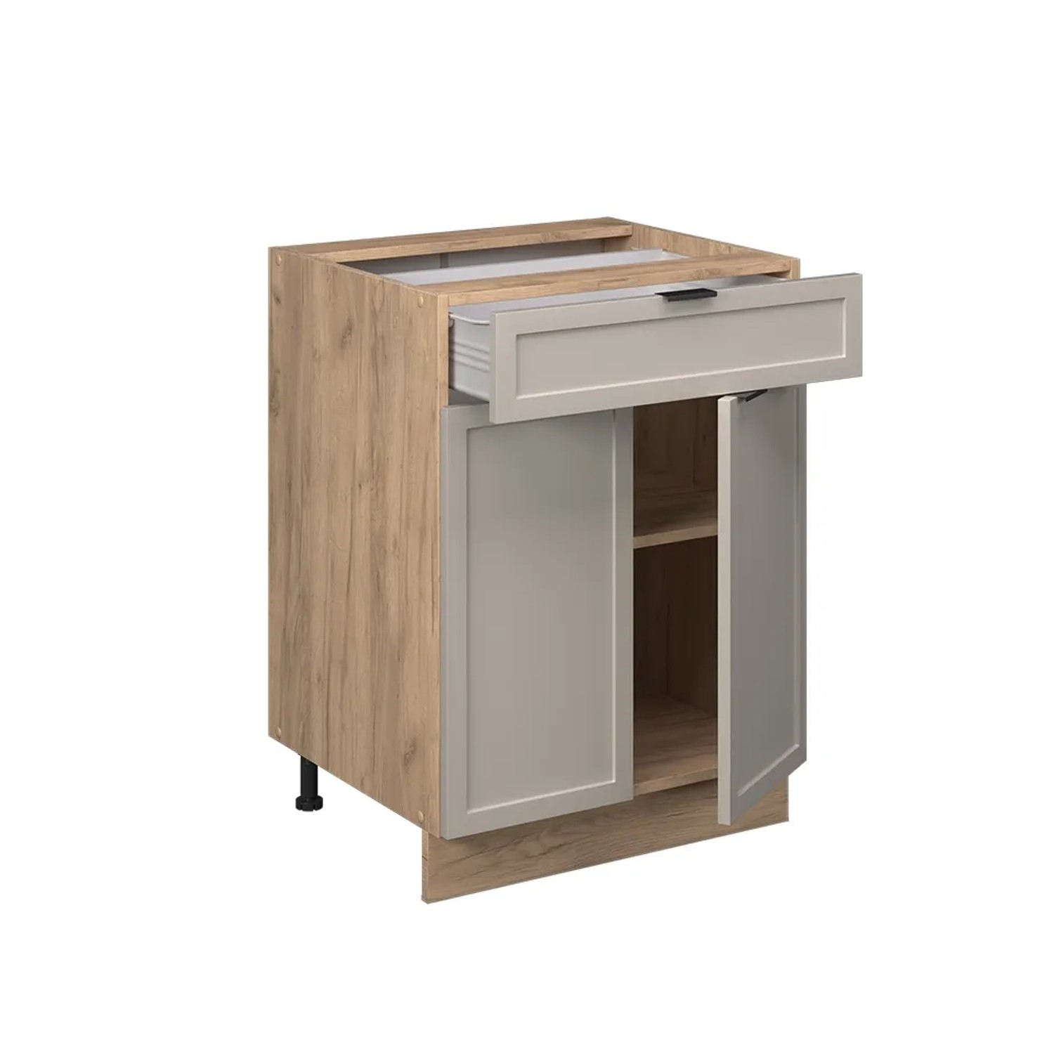 Vicco Schubunterschrank Fame-Line, 60 cm, GrauBeige/AP Marmor, mit offener Schublade und zwei Türen.
