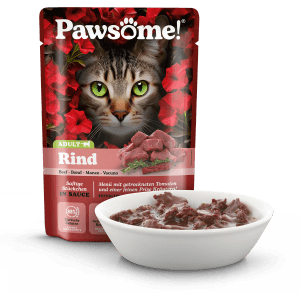 Pawsome Katzen-Nassfutter Adult Rind, mit Fleischstückchen in Sauce im weißen Napf.