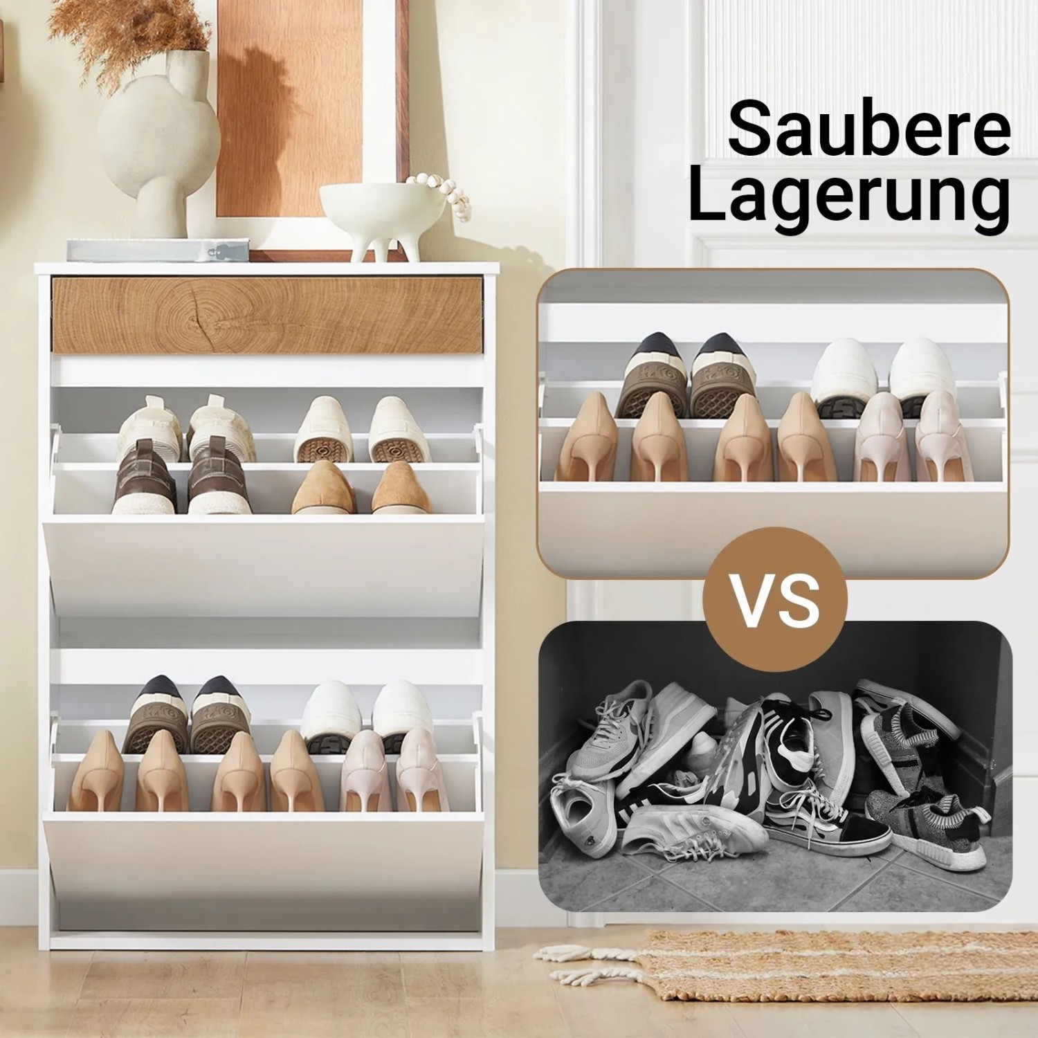 SoBuy Schuhschrank Schmal mit Schublade Schuhkommode mit 2 Klappen 61x91x26cm Weiß FSR205-WN_7
