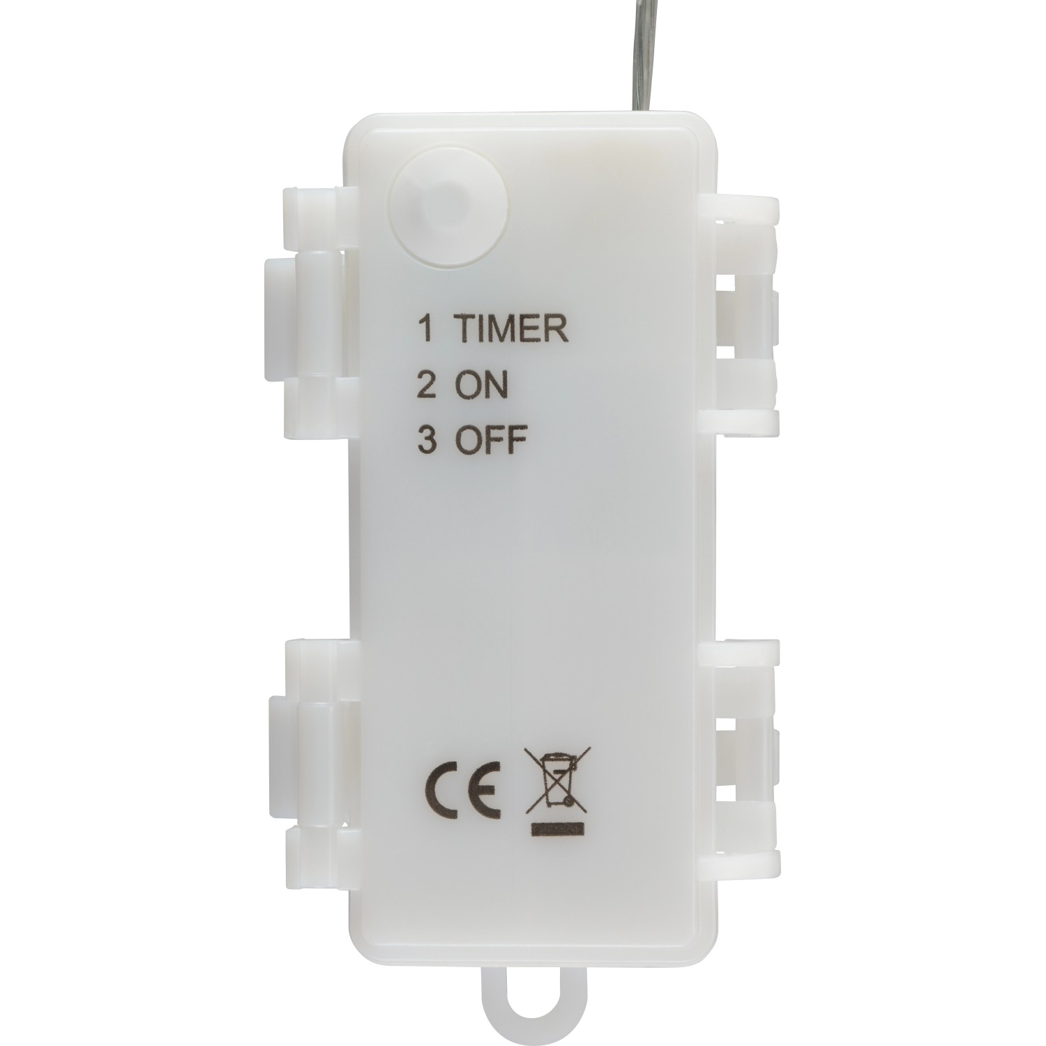 Detailaufnahme des Batteriefachs der LED-Drahtlichterkette mit Timer-, Ein- und Ausschalter.