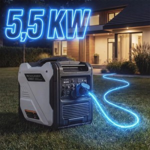 STAHLWERK IG 5500 ST Inverter Stromgenerator 5,5 kW auf Rasen vor Haus, liefert zuverlässig Strom.