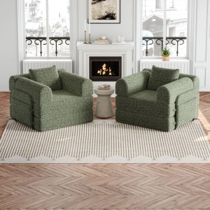 Zwei grüne modulare Chenille Sofa-Elemente mit Armlehnen. Teil eines 2-in-1 Schlafsofas mit Stauraumfunktion.