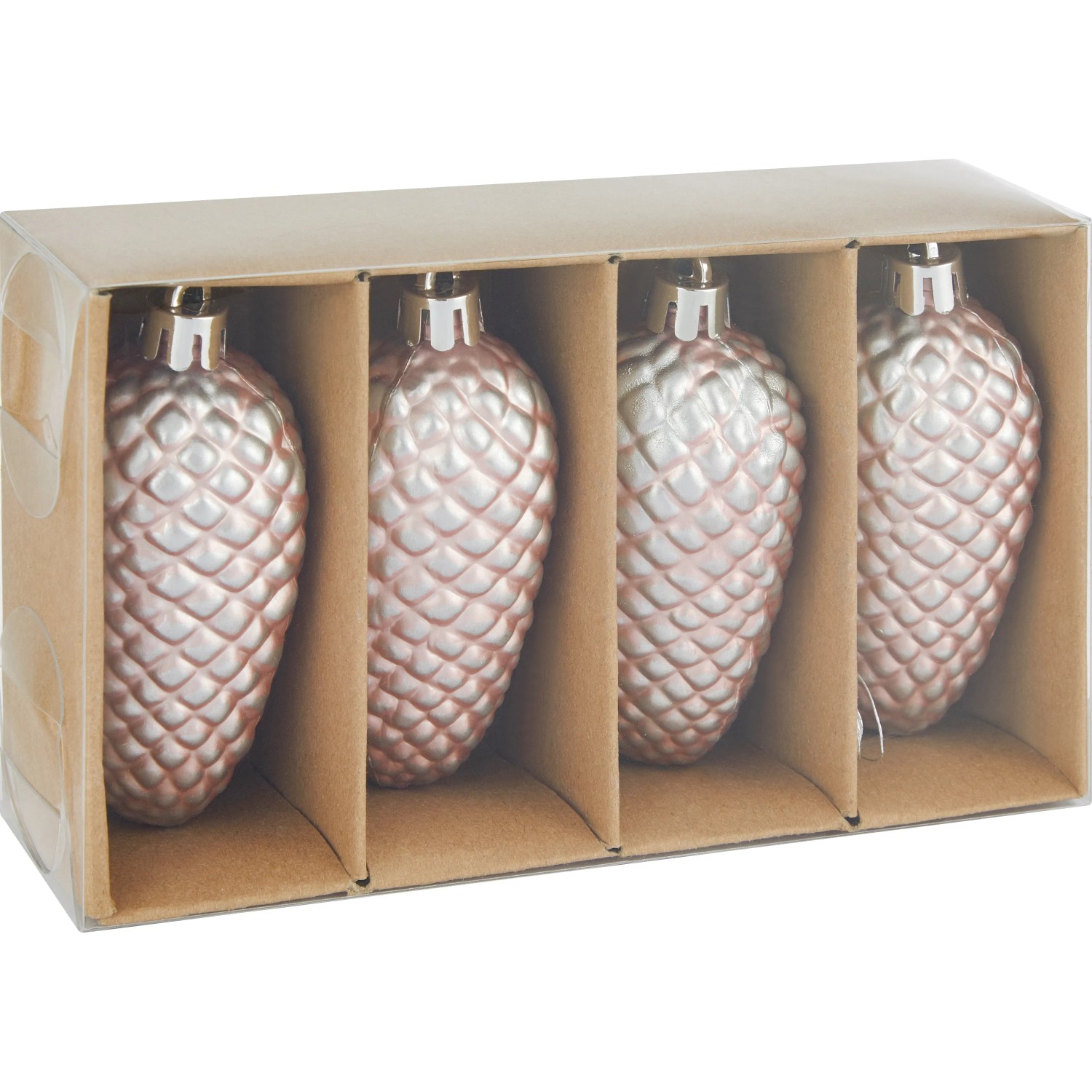Baumschmuck-Set: 4 rosa Tannenzapfen aus Kunststoff, matte Oberfläche, für Weihnachtsbaum.