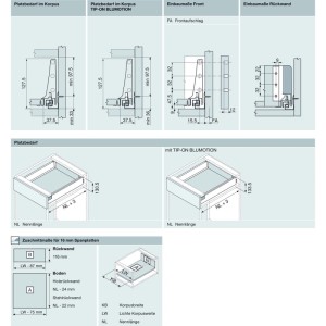Technische Zeichnung: Blum Tandembox antaro Vollauszug mit Blumotion. Zeigt Einbaumaße, Platzbedarf und Zuschnitt für Schubkästen.