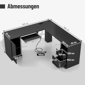 Costway L-förmiger Schreibtisch, 168x168x76cm, schwarz, mit Maßen und Details zu Fächern und Schubladen.