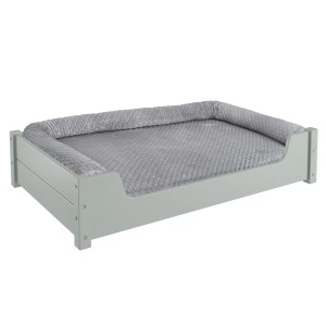 Graues Erst-Holz Tierbett 100x60cm aus Kiefer mit Rollrost, Polster und Matratze.