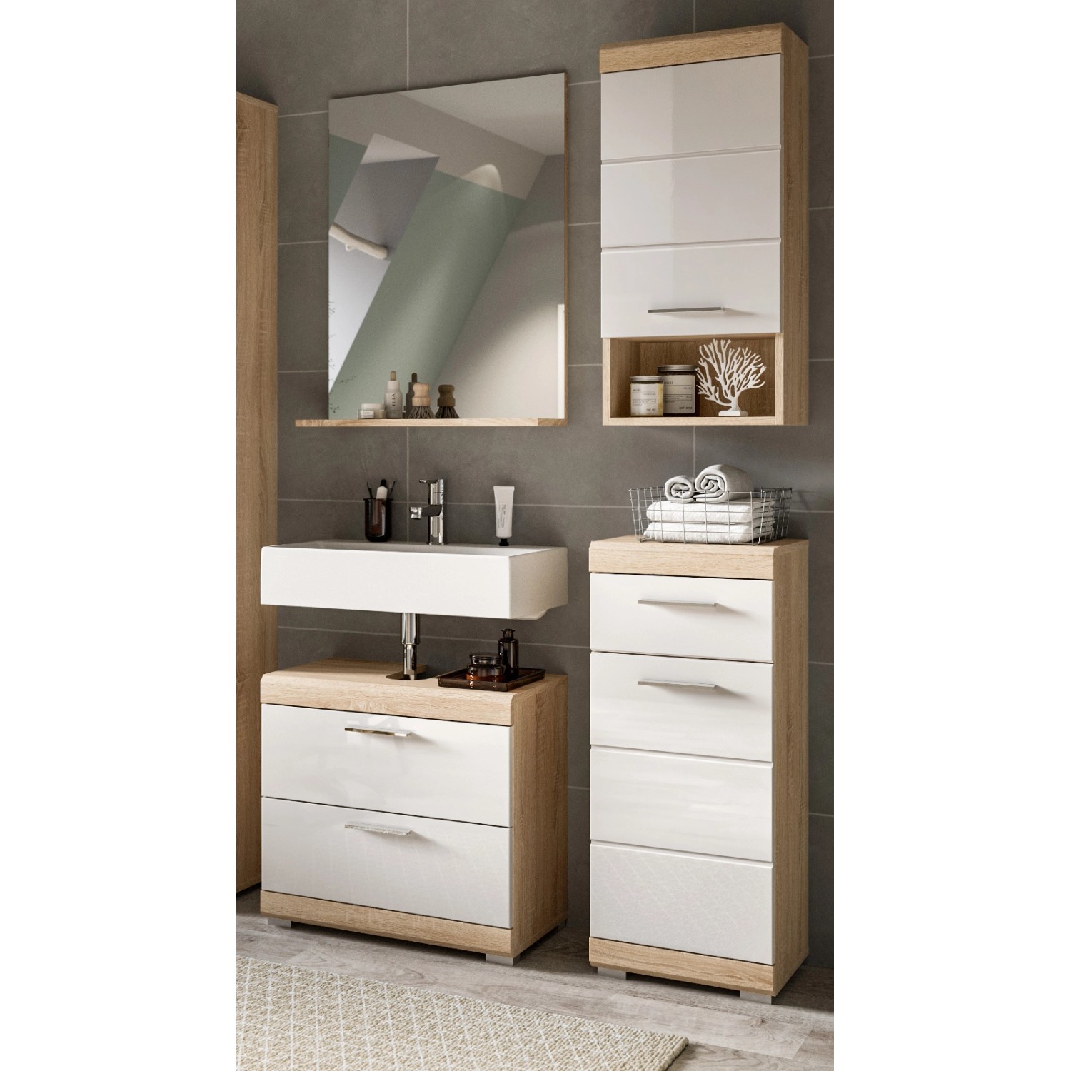 Inn.Furn Badmöbel Set 4-teilig 112 cm in Weiß Hochglanz und Eiche Mambo günstig online kaufen