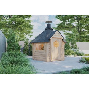 Finn Art Blockhaus Grillkota Elegance 4.5 qm mit 18 mm Fußboden 1/3 Fenster zum öffnen Schindeln Schwarz